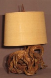 Driftwood knotted lamp with finial & burlap shade