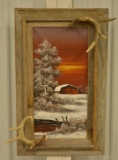 Barnwood & Antler Framed Oil Painting