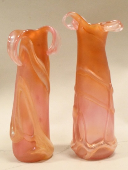 (2) George Machart Iridescent Pink Art Glass Vases