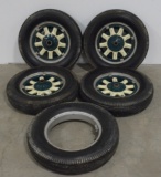 Set Of 5 Antique Automobile Tires and Wheels