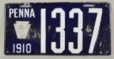1910 Pennsylvania 4-Digit Porcelain License Plate