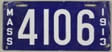 1913 Massachusetts 4-Digit Porcelain License Plate