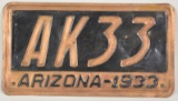 1933 Arizona Copper License Plate