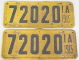 1915 Iowa License Plate Matching Set