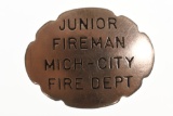 Obsolete Michigan City IN Junior Fireman Badge