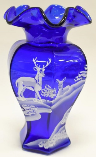 Fenton Mary Gregory Cobalt Blue Deer Vase