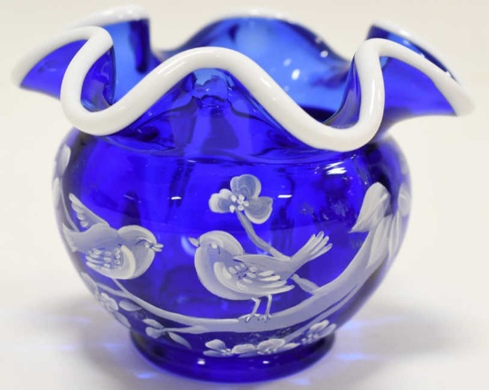 Fenton Mary Gregory Snow Crest  Cobalt Blue Bowl