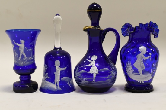 4pc. Antique Cobalt Blue Mary Gregory Glass Items
