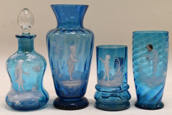 4pc. Antique Light Blue Mary Gregory Glass Items
