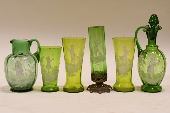 6pc. Antique Light green Mary Gregory Glass Items