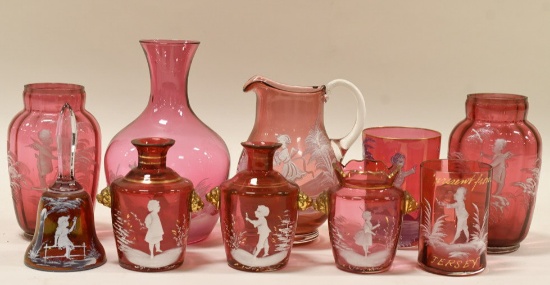 10pc. Antique Cranberry Mary Gregory Glass Items