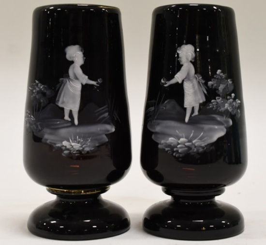 (2) Antique Black Amethyst Mary Gregory Vases