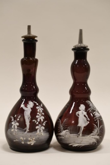 (2) Antique Mary Gregory Amethyst  Barber Bottles