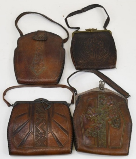 Lot Of 4 Hand Tooled Leather Art Nouveau Purses