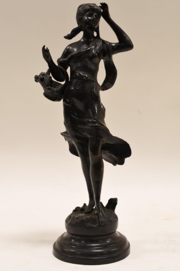 Unsigned Young Woman With Basket Bronze Sculpture