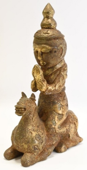 Vintage Asian Man Praying On Horse Brass Statue