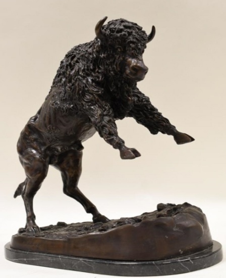 After A. Boucher Rearing Buffalo Bronze Sculpture