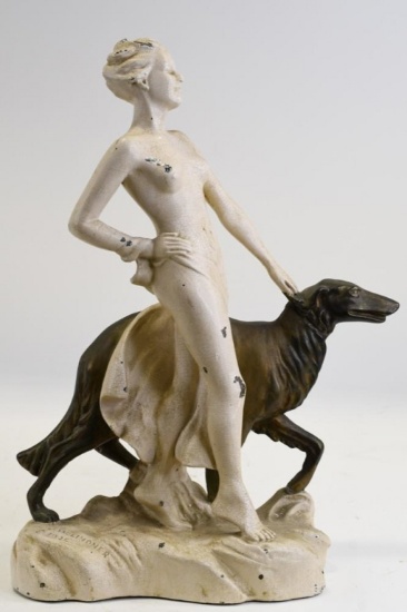 Art Deco Cast Bronze Nude Lady w/ Dog Statue
