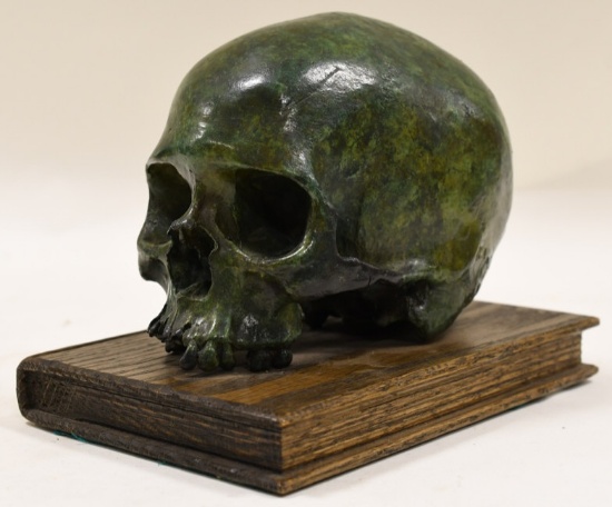Unsigned Bronze Human Skull W/ Green Patina