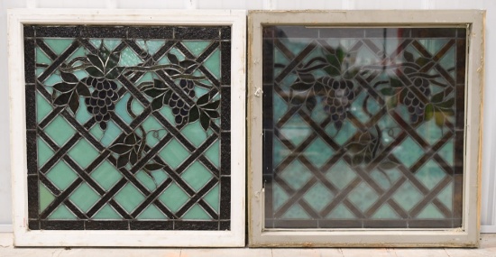(2) Antique Stained Glass Grape Pattern Windows