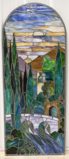 Arch Top Castle Scene Stained Glass Panel