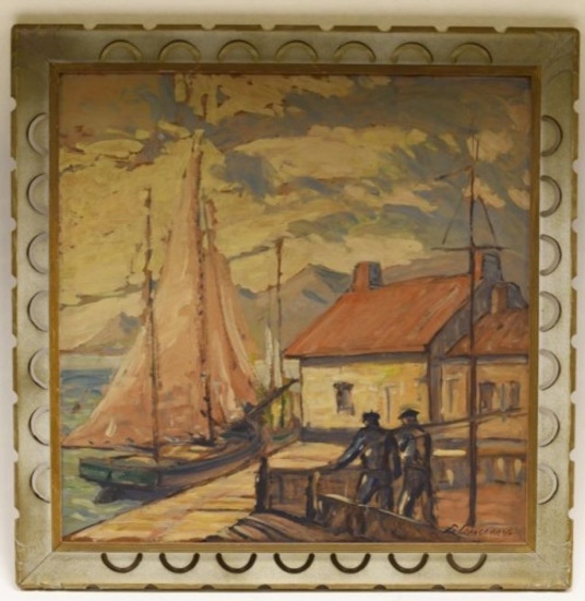 Lavergne Lounsbury Harbor Scene Oil Painting