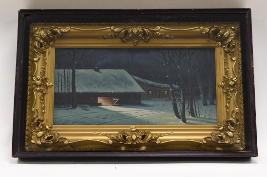Winter Night Barn Scene Oil On Canvas Painting