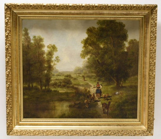 Signed Shepherdess With Goats Oil On Canvas