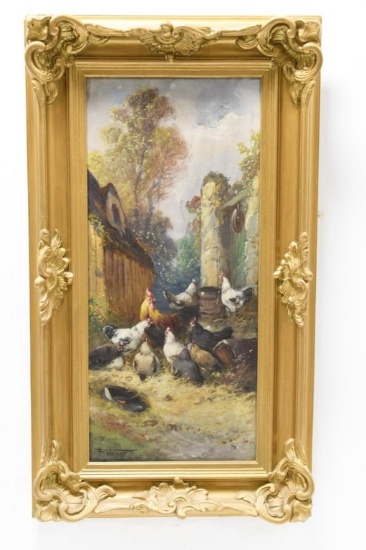 P. Vernat Chickens Oil On Canvas