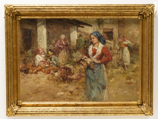 Guiseppe Pitto "Market Day" Oil Painting On Board