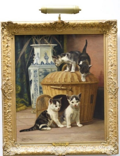 John Dolph Mother "Playful Kittens" Oil On Canvas