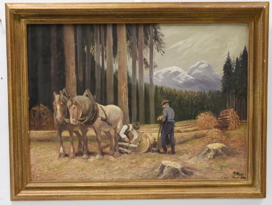 Paul Hey "Wood Cutters" Oil On Board Painting