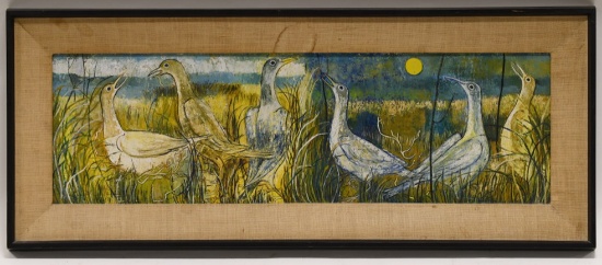 Mid Century Abstract Bird Oil On Board