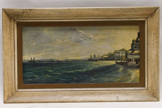 1956 Ralph Temple Harbor Scene Oil On Canvas