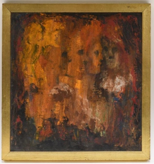 Mid Century Abstract Faces Oil On Board