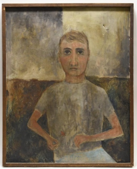 Mid Century Boy With Flower Oil On Canvas