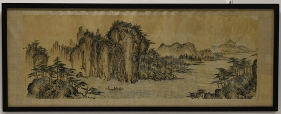 Framed Early Chinese Hand Painted Mountain Scroll