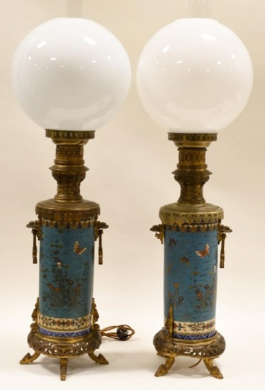 (2) Japanese Cloisanne Porcelain Dore Oil Lamps