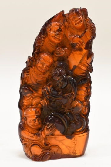 19th Century Chinese Carved Amber Five Sons Statue
