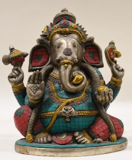 Hindu Ganesh Elephant God Turquoise Inlay Statue