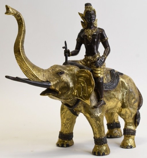 Mixed Metal Hindu God Indra Riding Elephant Statue