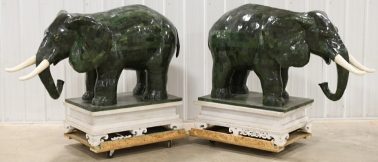 Outstanding Pair Of Jade Elephant Statues On Bases