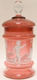 Vintage Mary Gregory Cranberry Glass Lidded Jar