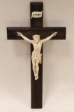 Antique French Carved Bone On Wood Crucifix