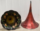 2 Brass Horns, Red & Black w/ hand painted flower
