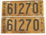 1916 Massachusetts Porcelain License Plate Set