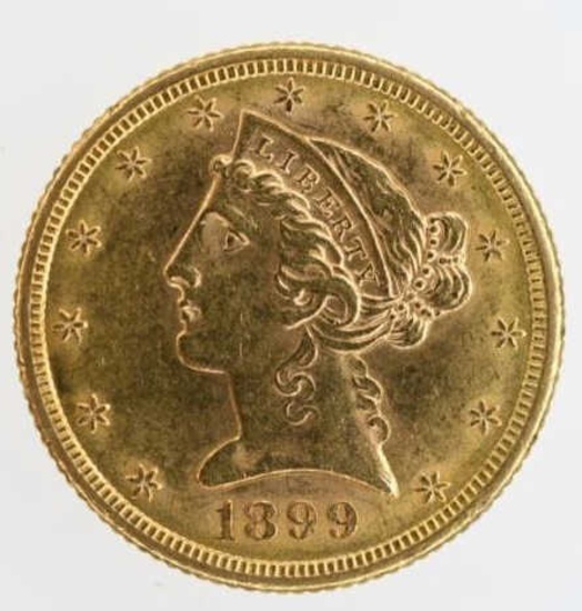 1899-S US $5 Gold Liberty Head Coin AU/BU