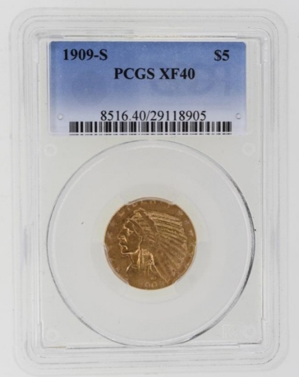 1909-S U.S. $5 Gold Indian Head Coin PCGS XF 40