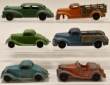 (6) Hubley Toys Stake Trucks, MG, and Ford Coupes