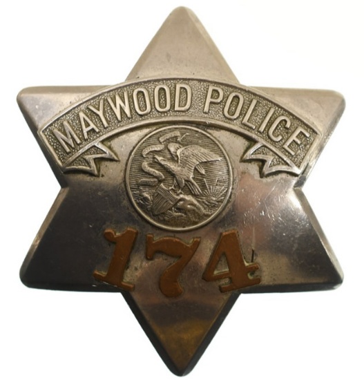 Obsolete Maywood Police Pie Plate Badge No. 174